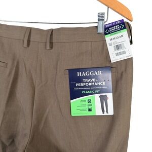 Haggar Travel Performance Dress Pants Mens 36x32 Khaki Brown Classic Fit HC00754